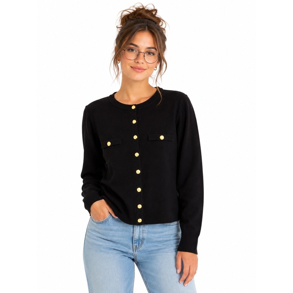 Vintage Tally-Ho Cashmora Black Cardigan Gold Crest Buttons Crew Neck Large